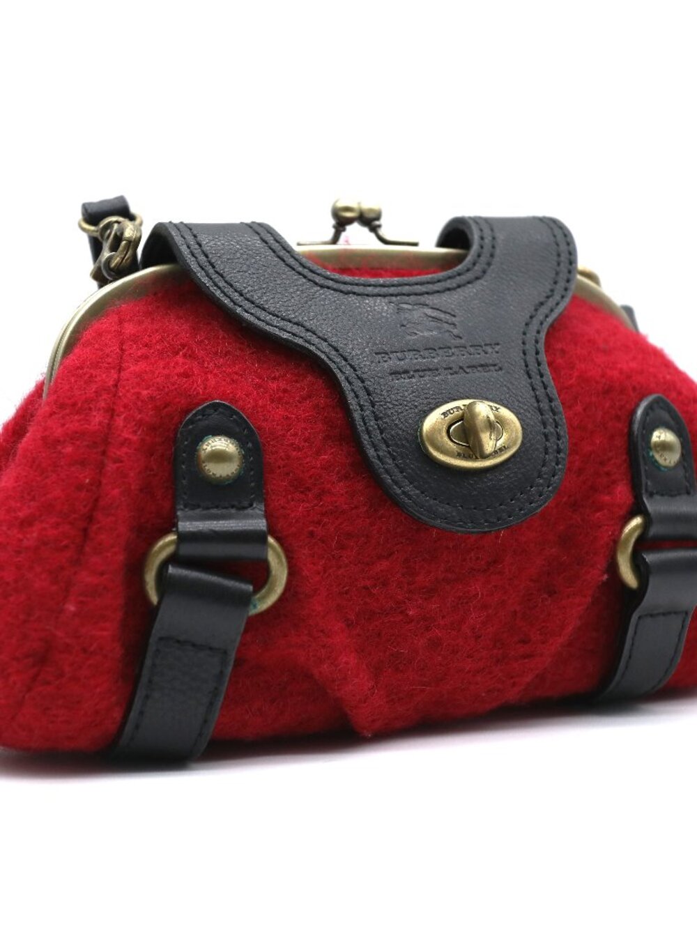 Rare Burberry Blue Label Red Boiled Wool Leather Kiss Lock Doctor Shoulder Bag